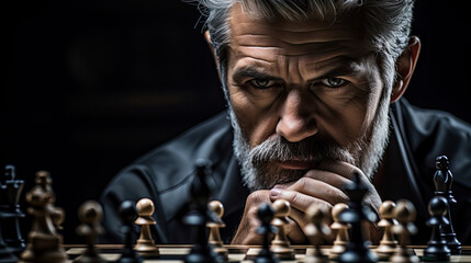 close-up of a man's face thinking hard over a chessboard with his pieces created with Generative AI Technology