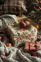 Fototapeta na wymiar A charming gift box adorned with seasonal motifs set in a cozy virtual setting