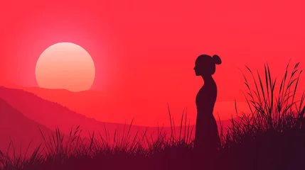 Keuken foto achterwand Mulher olhando o por do sol com cores vermelho  - Ilustração © Vitor