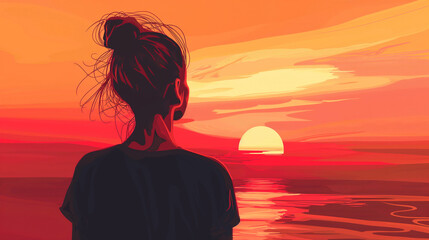 Mulher olhando o por do sol com cores vermelho  - Ilustração