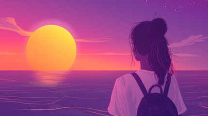 Mulher olhando o por do sol com cores roxo - Ilustração