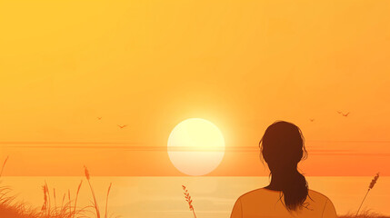 Mulher olhando o por do sol com cores amarelo - Ilustração - obrazy, fototapety, plakaty