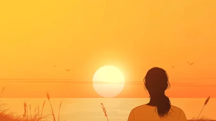 Poster Mulher olhando o por do sol com cores amarelo - Ilustração © Vitor