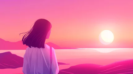 Foto op Plexiglas Snoeproze Mulher olhando o por do sol com core rosa - Ilustração