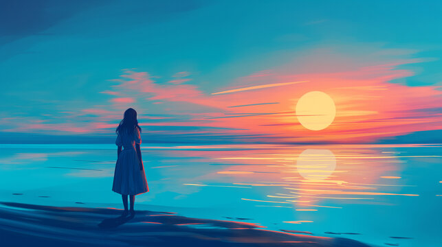 Mulher olhando o por do sol com cores azul - Ilustração