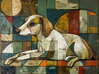 Cubist Beagle Painting on Multicolored Panels