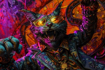 Cat boss celebrating in hell, infernal party, medium shot, dynamic lighting, Psychedelic funk art