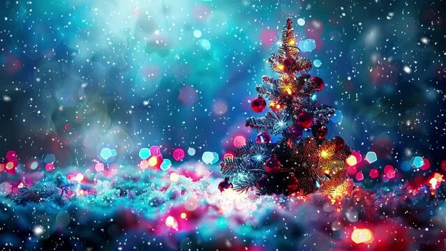 Neon Christmas tree. Loop. Falling snowflakes. Neon. Falling snowflakes effect. Noel. Loop. Christmas tree. Loop. Generative AI.
