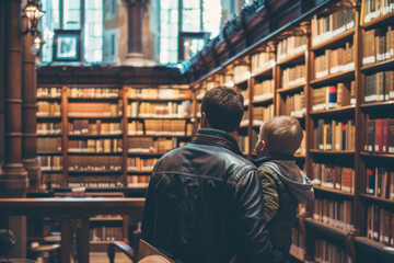 Father and Child Browsing Through Books in the Cozy Ambience of an Old Library - obrazy, fototapety, plakaty