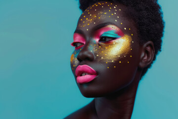 Portrait of a Woman with Vibrant Makeup and Golden Glitter, Artistic Concept