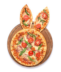 Board with Easter pizza with bunny ears isolated on white background