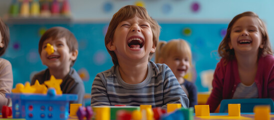 happy children in nursery, having fun studying
