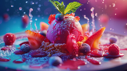 Colorful Dessert Explosion with Fresh Fruit Toppings - obrazy, fototapety, plakaty