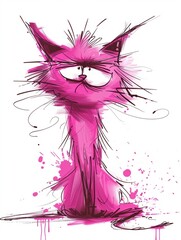 Ink-pink cartoon frazzled cute cat, depicting a nervous feline against a white background.
