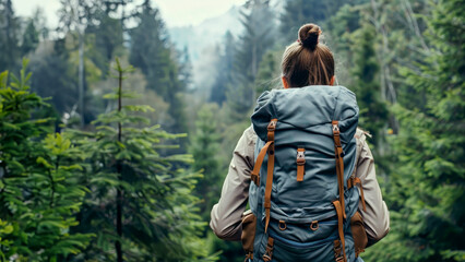 Woman hiker wearing a backpack trekking through a forest, exploration of nature surrounded by trees, outdoor wanderlust journey