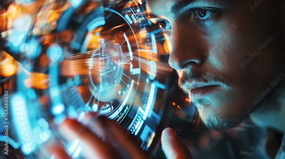 Poster a worker gingerly holding a transparent panel showcasing the intricate internal mechanisms and tinge