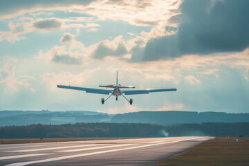 Fototapeta na wymiar Light Aircraft Taking Off from the Runway Against a Dramatic Sky