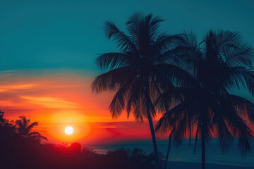 Fototapeta na wymiar Tropical Sunset with Silhouettes of Palm Trees and Warm Ocean Breeze