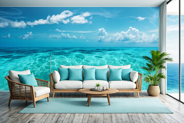 ocean style living room interior with dining table perfect for home parties, Generative AI