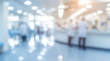 Abstract blurred image of healthcare workers moving in a busy hospital corridor for urgency and efficiency.