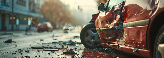 Crashed Car in Daylight on Public Roadway : Automotive Accident Aftermath. - obrazy, fototapety, plakaty
