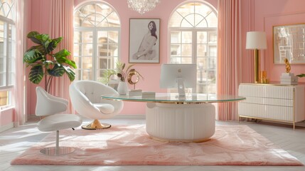 Luxurious modern office interior with pink hues and golden accents and stylish furniture, doll style office