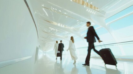 Busy travelers with luggage walking through a modern, brightly lit airport terminal.