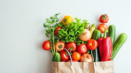 Grocery bag filled with fresh vegetables on a white background symbolizes healthy eating and nutrition.