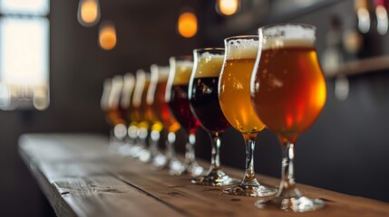 A lineup of various craft beers in glasses displayed on a wooden bar, representing diversity in brewing. - obrazy, fototapety, plakaty