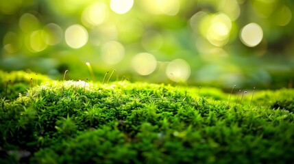 Sunlit vibrant green moss thriving in a soft-focus forest environment, a symbol of growth and ecology.
