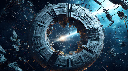 Obraz premium Digital technology sci-fi universe mechanical planet poster horizontal page PPT background with generative