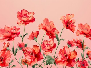 Vibrant red spring flowers contrast beautifully against a soft pastel pink background, unique hyper-realistic illustrations