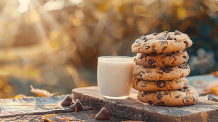 Stack of homemade chocolate chip cookies paired with fresh milk on a rustic wooden table at sunset.