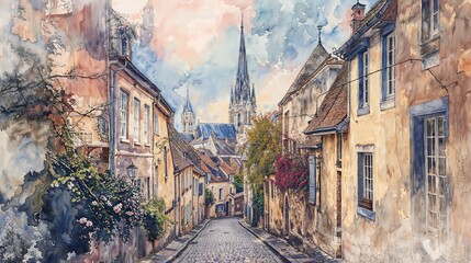 watercolor, cobblestone street, old town, European architecture, historical, church spire, quaint homes, picturesque, romantic, flowering vines, pastel sky, art, tranquil, alleyway, scenic, blooming, 