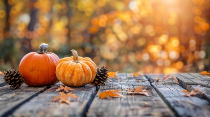 Two pumpkins with pine cones on a weathered wooden table in autumn.