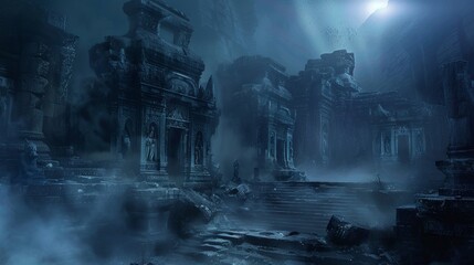 Through the foggy midnight air the faint shimmer of light dances on ancient ruins hinting at the powerful stories and traditions hidden within these monuments. - obrazy, fototapety, plakaty