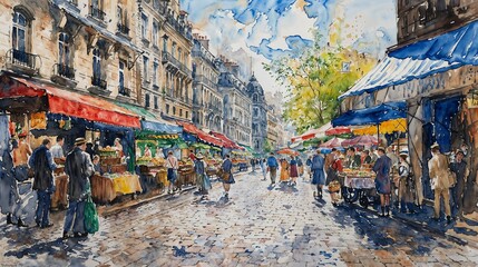 market scene, watercolor, bustling, street market, Parisian, vendors, shoppers, cobblestone,...