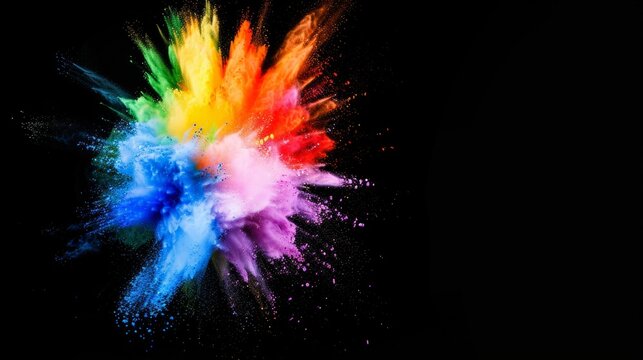 Vibrant multi-colored powder explosion captured against a stark black background, symbolizing creativity and energy.