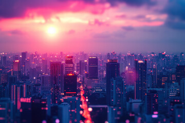 Fototapeta na wymiar Dazzling Urban Sunset Over Cityscape, Vivid Colors Cast a Glow on the Bustling Metropolis