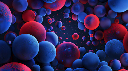 Abstract Spheres in Blue and Red Hues
. Vivid abstract composition of spherical shapes in varying sizes with a texture in blue and red colors on a dark background.
 - obrazy, fototapety, plakaty