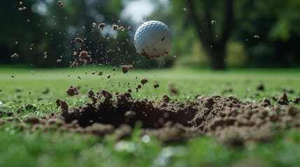 A closeup of a divot being lifted from the ground by a powerful swing.