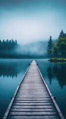 wooden bridge path leads to a serene lake, calm water, natural pine tree forest, and misty mountains 
