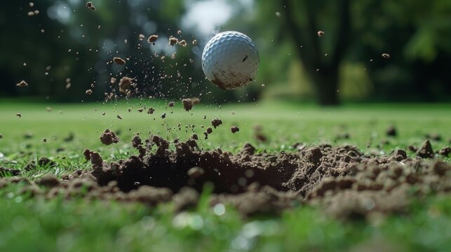A closeup of a divot being lifted from the ground by a powerful swing.