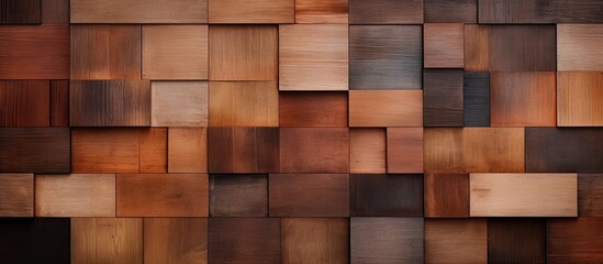 A close up of a Brown hardwood flooring made of rectangular wooden squares, resembling brickwork with tints and shades of wood stain