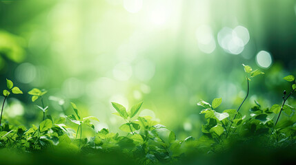 blurry bokeh green forest trees and nature plant background of leaves and golden sunlight