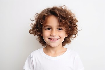 Portrait of a cute little girl with curly hair smiling at the camera