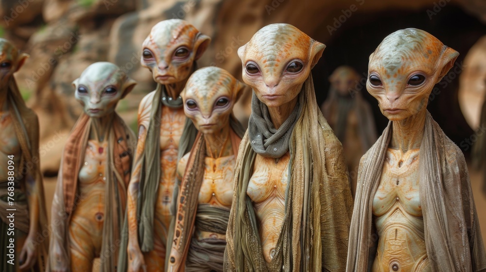 Poster a group of aliens each with their own unique appearance gather around a round table engaged in deep 