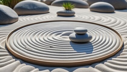 Fototapeta na wymiar Harmony and Meditation: Zen Garden with Grey Stone and White Sand Circles
