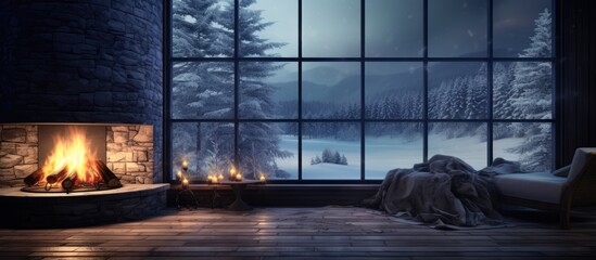 The building has a living room with a fireplace and a large window overlooking a snowy forest. The...