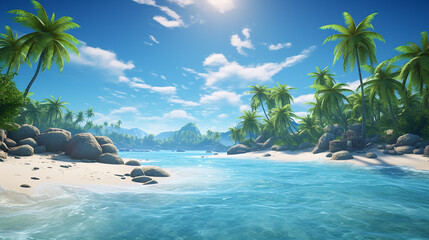 island paradise with a stunning beach scene with an idyllic - obrazy, fototapety, plakaty